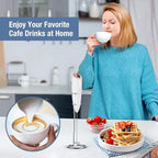 SIMPLETASTE Milk Frother Handheld Electric Foam Maker, Drink Mixer with Stainless Steel Whisk for Cappuccino, Bulletproof Coffee, Latte, White, with Stand, Battery Operated
