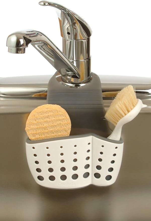 Casabella Sink Sider Faucet Caddy Sponge Holder,White & Grey