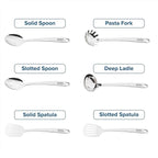 Viking Kitchen Utensils Set, 6 Piece Stainless Steel Cooking Utensil Set, Includes Spatulas, Spoons, Pasta Fork, and Deep Ladle, Hollow Forged, Silver
