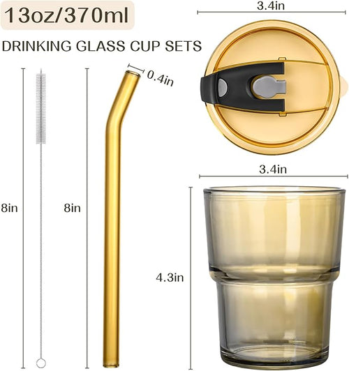 13oz Reusable Iced Coffee Tumbler with Lids,Clear Tumbler Water Glass,2 Pack Glass Cups with Straw and Lid,Glass to go Coffee Cup for Drinking Matcha, Water, and Juice(Amber