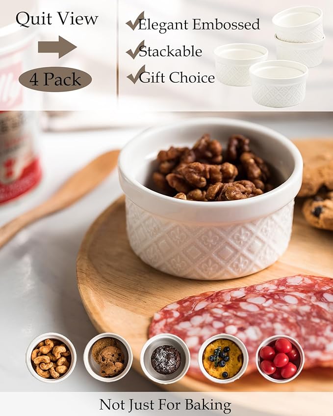 Ramekins 12 oz, Ramekin for Creme Brulee, Souffle, Dipping Sauce, Ceramic Embossment Housewarming Gift - 4.5 inch, Set of 4, Arctic White