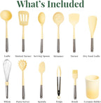 Larder & Vine 12-Piece Silicone Kitchen Cooking Utensils Set with Stainless Steel Handle and Ceramic Holder, Dishwasher Safe Set of Kitchen Essentials (Limoncello)