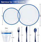 N9R 600PCS Disposable Plastic Plates, Blue Plastic Dinnerware Set Includes 100 Dinner Plates, Dessert Plate, Cups, Spoons, Forks, Knives for 100 Guests, Perfect for Party, Wedding, Birthday