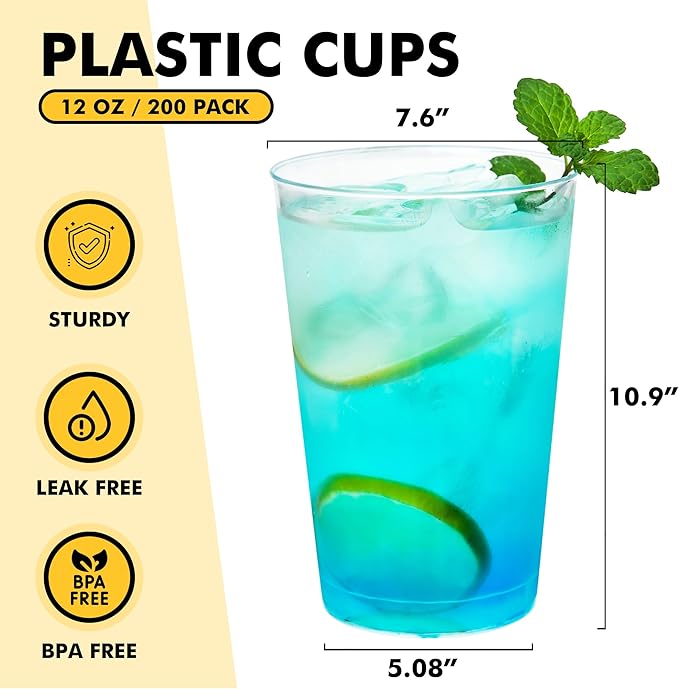 RACETOP 12oz Clear Plastic Cups, 200 Pack Disposable Party Cup, Heavy Duty Disposable Glasses, Disposable Cups for Party, Thanksgiving, Wine Taesting, Birthday and Christmas.