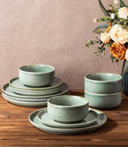 TheTerra Ceramic Dinnerware Sets for 4, 12 Pieces Handmade Reactive Glaze Plates and Bowls Set, Scratch Resistant Dish Set, Oven & Microwave & Dishwasher Safe, Eucalyptus