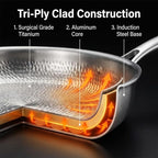 Titanium Frying Pan with Lid, 12" Uncoated Hammered Skillet for Cooking, PFAS/PFOA/PTFE Free Nonstick Cookware, Scratch Resistant, for Induction & Gas, Oven, Dishwasher Safe, Fine