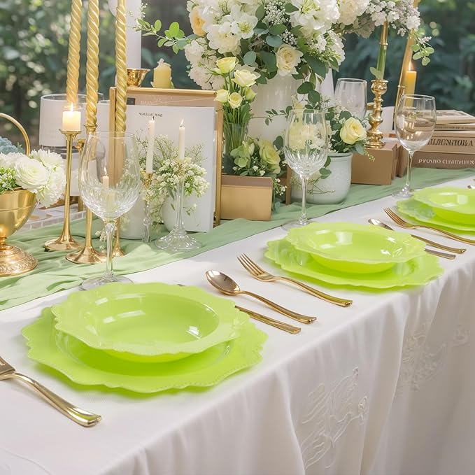 COLOSUS 60 Pack Lime Green White Plastic Bowls, 12 oz Disposable Soup Bowls, Premium Plastic Dinner Bowls,Heavy-duty Dessert Salad Bowl for Party, Wedding, Dinner