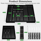 9-Piece Bamboo Kitchen Drawer Organizer Set, Expandable Silverware &Utensil Organizer with Removable Knife Block & Steak Knives, Flatware Organization, Tableware Dividers Storage(Black)