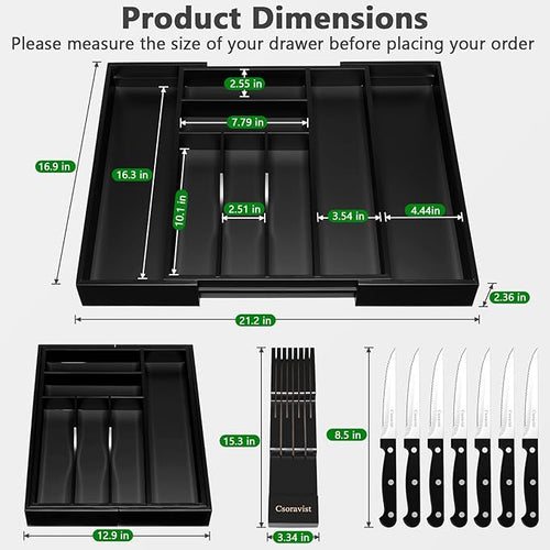 9-Piece Bamboo Kitchen Drawer Organizer Set, Expandable Silverware &Utensil Organizer with Removable Knife Block & Steak Knives, Flatware Organization, Tableware Dividers Storage(Black)