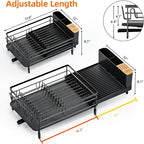 Urackify Large Dish Drying Rack, Expandable Dish Racks for Kitchen Counter, Multifunctional Dish Drainer with Utensil Holder & Cup Holder, 18.5"-26.7" L x 12.7" W, Black