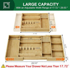 Bamboo Silverware Drawer Organizer, 17.7-29.5 Inch Expandable Large Kitchen Drawer Organizer, 5-8 Slot Flatware with Removable Card Slots & Knife Block for Spoon Butter Knive, Natural