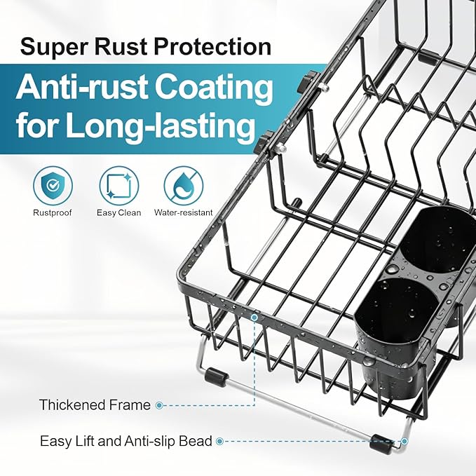 iSPECLE Small Sink Dish Drying Rack, Expandable Narrow Rust Resistant Dish Drainer for RV Apartment Kitchen, Dish Rack with Tightening Knob, Arms with Non Slip Rubber, 9.2" W x 16.6"-24" L, Black