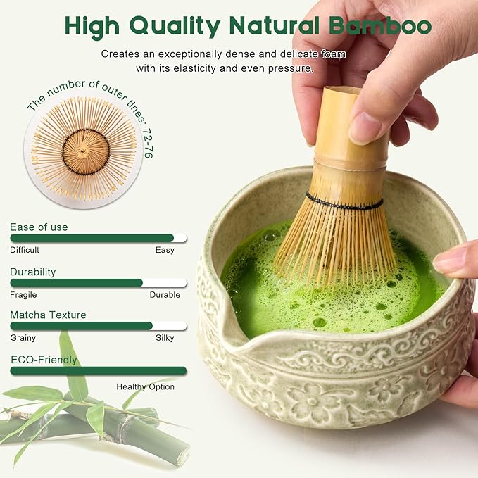 Matcha Whisk Set, 9 Pcs Matcha Set Kit for Ceremony Includes Ceramic Matcha Bowl, Holder, Bamboo Whisk & Scoop, Measuring Spoon, Scoop Rest, Sifter, Tea Towel, Handbook - Ideal Gift for All Ages