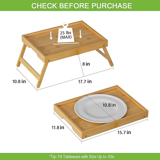 Youpehom Bed Tray Table with Folding Legs, Bamboo Breakfast in Bed for Kitchen Serving Tray, Sofa, Eating, Used As Laptop Desk Snack Tray (4 Pack, Bamboo Color)