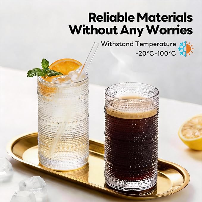 Large Hobnail Drinking Glasses Set of 6, 16oz Clear Highball Glasses Embossed Boho Water Glass Cups, Kitchen Bar Tumbler Glassware for Cocktail, Juice, Whiskey, Milk and Various Mixed Drinks