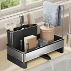 Sink Caddy, Stainless Steel Sink Caddy with Brush Holder, Kitchen Sink Caddy Dishcloth Rack and Holds Soap Dispenser, Sink Organizer Auto-Drain Rustproof Countertop Organizer (Black)