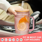 ANOTION Colored Glass Cups with Handle Set of 4, 24oz Glass Cups with Lids and Straws Travel Coffee Mug Bamboo Mason Jar Iced Cup Smoothie Tea Clear Cute Water Drinking Jars Glasses