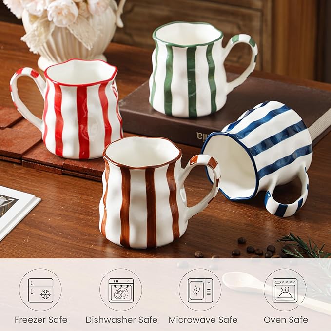 Ceramic Coffee Mugs Set of 4,Cute Mugs (Striped),14 oz Large Cups For Latte Tea Milk，Hand Painted Coffee Mugs Set Dishwasher Microwave Safe