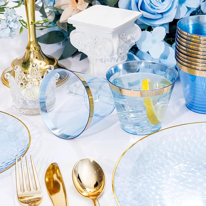 DaYammi 350PCS Clear Blue Gold Plastic Dinnerware Set for 50 Guests, Hammered Disposable Plates for Party, Include: 50 Dinner Plates, 50 Dessert Plates, 150 Gold Silverware, 50 Napkins, 50 Cups