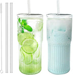 Luiaiog Glass Cups with Lids and Glass Straws, High Borosilicate 20OZ Tumblers (2Pcs) for Coffee, Tea, Juice, Smoothies, Hot/Cold Drinks at Home, Office（Creative Drink Label Design）