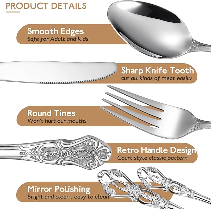 Gorgeous Retro Royal Silverware Set For 8,OIULO 18/0 Stainless Steel 40-Piece Flatware Set Service for 8,Vintage Fine Dining Utensils Fork Spoon Knife,Antique Baroque Cutlery,Mirror,Dishwasher Safe