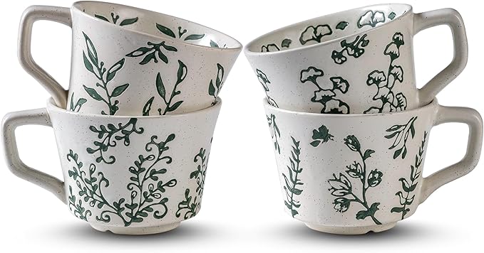 Ceramic Mugs 11 oz Set of 4, Unique Luxurious Stoneware Cups for Coffee Milk Latte Cappuccino Tea, Office Home Kitchen Use, Dishwasher Microwave Freezer Safe, Mixed Green