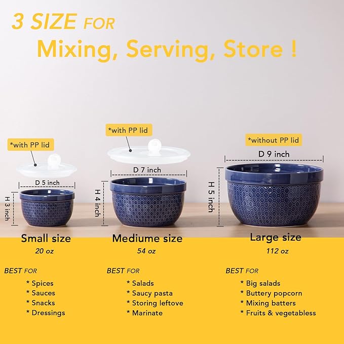 Ceramic Mixing Bowls 3-Piece: Nesting Ceramic Bowls with Lids - Microwave Safe for Kitchen Baking and Serving - Ideal for Home Bakers (Navy)