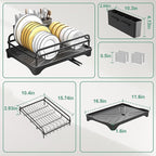Dish Drying Rack for Kitchen Counter, Large Dish Drying Rack with Utensil Holder & Cutlery Tray, Dish Drainer with Drainboard, Black