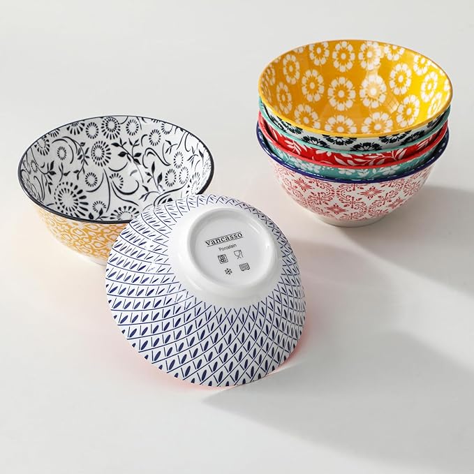 vancasso SELENE 24 oz Cereal Bowls set of 6, Ceramic Soup Bowls for Kitchen, Dishwasher & Microwave Oven Safe- for Cereal, Soup, Pasta, Salad, Vivid Floral Design Bowl Set