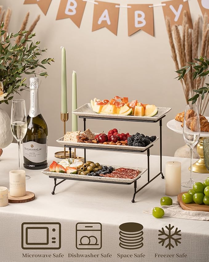 LAUCHUH 3 Tier Serving Tray, Porcelain Serving Platters and Trays for Party 12 Inch Tiered Tray Stand Cupcake Stand with Collapsible Sturdier Rack for Mother's Day Serving Food, Speckled Glaze