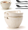 Ramen Bowl with Chopsticks and Spoons Set, 7 Inch Ceramic Noodle Bowl Set of 2, Dishwasher Safe for Pho Udon Soba Noodle Salad Pasta, Special Reactive Glazed White Bowls Set