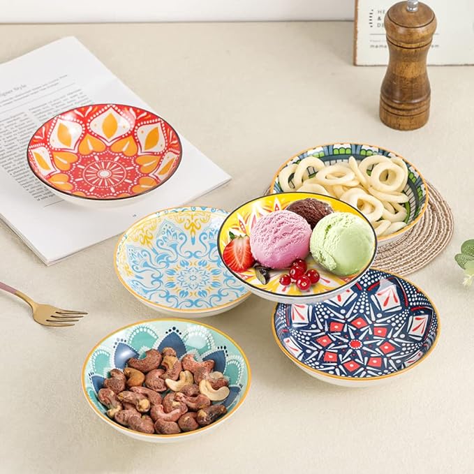 Small Bowls - Ice Cream Dessert Bowl 8.5 oz - Ceramic Bowl Set of 6 - Colorful Shallow Bowl for Side Dish | Snack | Appetizer - Microwave and Dishwasher Safe - 5.5 x 1.3 Inches