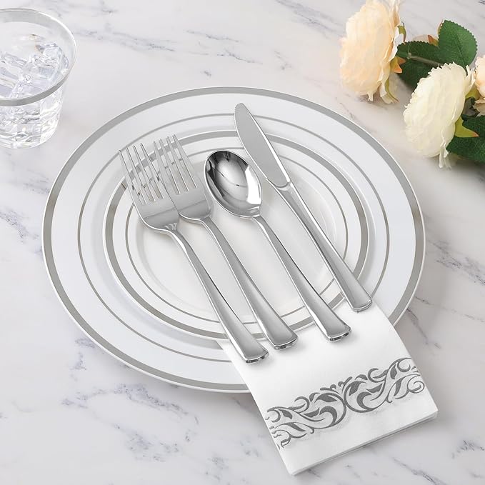 Goodluck 700 Pieces Silver Dinnerware Set for 100 Guests, Disposable Plastic Plates for Party, Include: 100 Dinner Plates, 100 Dessert Plates, 100 Paper Napkins, 100 Cups, 100 Silverware set