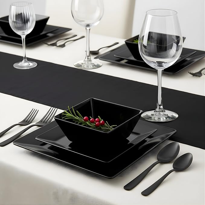 TP 12-Piece Melamine Dinnerware Sets, Plates and Bowls Dishes Set for 4, Break-Resistant & Non-Microwavable, Lightweight Square Dinner Plates, Black