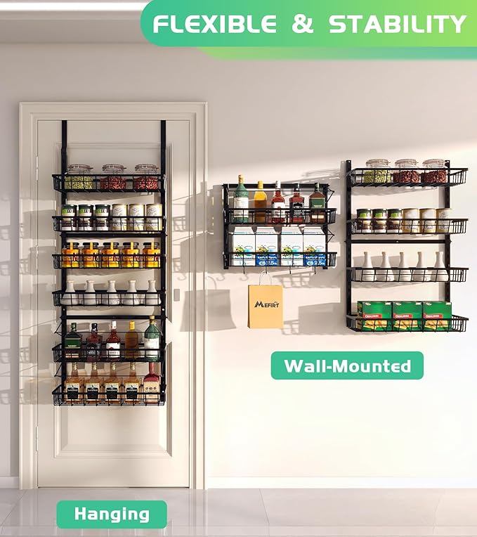 Over The Door Pantry Organizer, Pantry Storage and Organization, 6-Tier Adjustable Hanging Baskets, Metal Wall Mount Spice Rack Seasoning Shelves for Home & Kitchen, Laundry Bathroom - Black