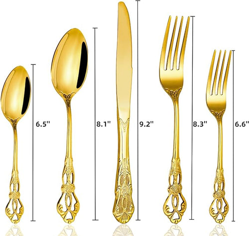 40 Pieces Gold Silverware Set for 8, Retro Royal Utensils Set Gold, Stainless Steel Flatware Dinnerware Set Including Forks Spoons and Knives Cutlery Set for Kitchen Wedding Party