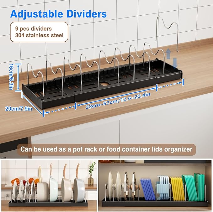 2 Pack Pots and Pans Organizer under Cabinet, 22" Expandable Food Storage Container Lid Organizer with 9 Adjustable Stainless Steel Dividers, ABS Base, Countertop Rack, Black