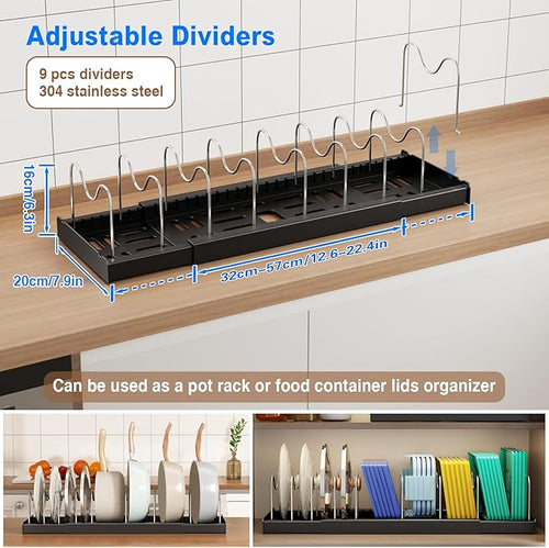 2 Pack Pots and Pans Organizer under Cabinet, 22" Expandable Food Storage Container Lid Organizer with 9 Adjustable Stainless Steel Dividers, ABS Base, Countertop Rack, Black