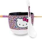 Silver Buffalo Sanrio Hello Kitty Pink Leopard Print Ceramic Ramen Noodle Rice Bowl with Chopsticks and Spoon, Microwave Safe, 20 Ounces