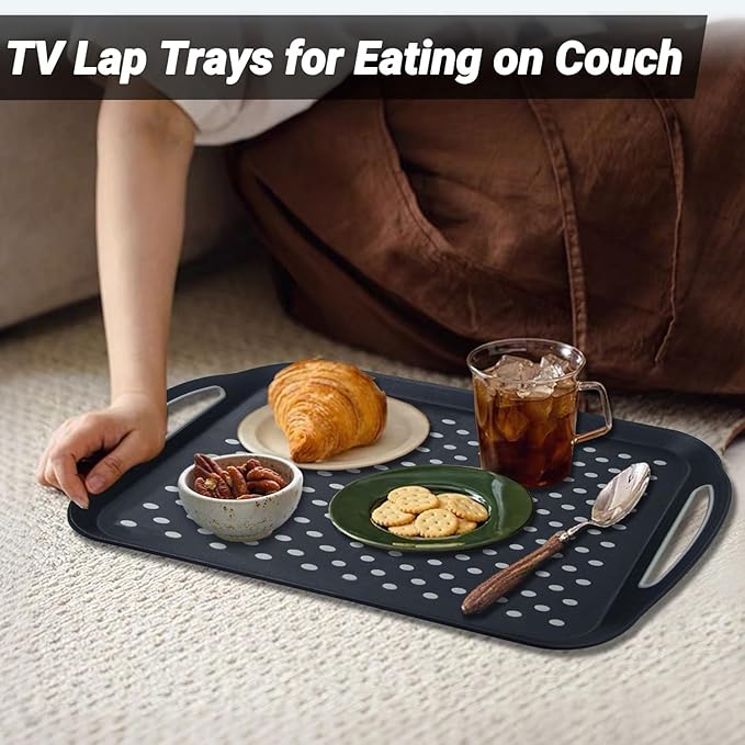 1PCS Large Non-Slip Serving Tray with Handles TV Lap Trays for Eating on Couch Food Serving Tray with Silicone Grippy Dots for Dinner Snack Fruit Dessert Breakfast (Black - 1pcs)