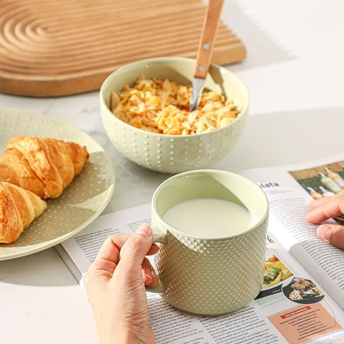 HASENSE Ceramic Cereal Bowls Set of 4, 26 Oz Embossed Soup Bowls for Kitchen, Modern Cereal Bowls, Microwave & Dishwasher Safe, Stackable Serving Bowls for Salad, Pasta, Oatmeal, Fruit, Green