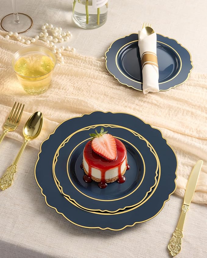 realluck 350 Piece Navy Blue Plastic Dinnerware Set for 50 Guests Elegant Baroque Disposable Dinnerware for Weddings, Parties, 100 Plastic Plates, 50 Pre Rolled Napkins with Silverware, 50 Cups