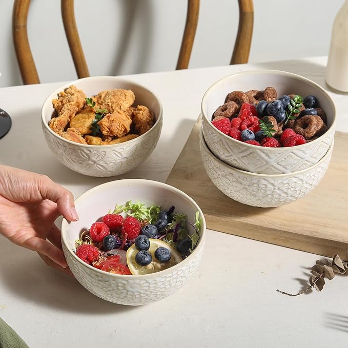 26 OZ Cereal Bowls Set of 4, Ceramic Soup Bowl for Kitchen, 6 inch Porcelain Serving Bowl, Embossed Bowls for Salad, Pho, Breakfast, Ramen, Rice, Dishwasher Safe, Housewarming Gift