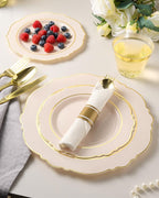 realluck 175 Piece Pink Plastic Dinnerware Set for 25 Guests Elegant Baroque Disposable Dinnerware for Weddings, Parties, 50 Plastic Plates, 25 Pre Rolled Napkins with Silverware, 25 Cups