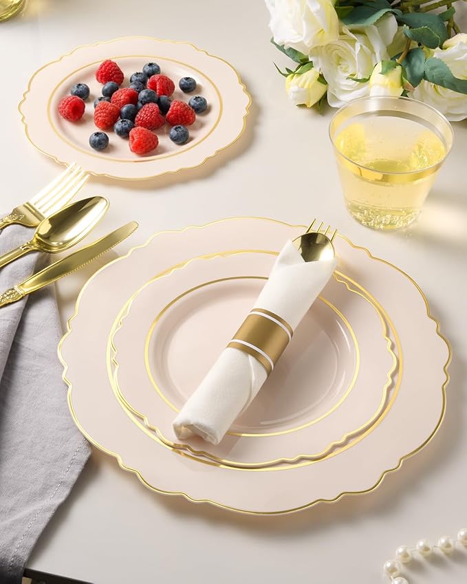 realluck 175 Piece Pink Plastic Dinnerware Set for 25 Guests Elegant Baroque Disposable Dinnerware for Weddings, Parties, 50 Plastic Plates, 25 Pre Rolled Napkins with Silverware, 25 Cups
