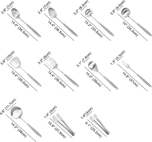 304 Stainless Steel Cooking Utensils Set, 11PCS Stainless Steel Utensils Set, Metal Cooking Utensils Set Include Meat Fork, Tongs, Turner, Soup Ladle, Dishwasher Safe