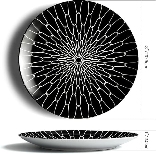 8-Inch Salad Plates Set of 6, Black White Grid Pattern Ceramic Plates, Checkerboard Design for Lunch, Pasta & Salad, Microwave & Dishwasher Safe