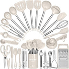 Kitchen Utensils Set-Umite Chef 34 Pcs Silicone Cooking Utensils Set for Nonstick Cookware-Silicone Spatulas Set, Stainless Steel Handle-Khaki Kitchen Gadgets Tools, Pots and Pans Accessories