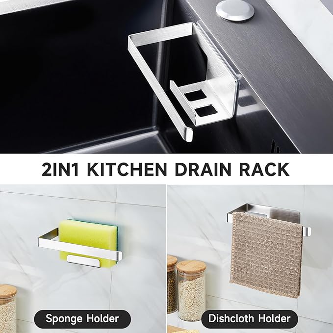 Sponge Holder for Kitchen Sink, Adhesive Dishcloth Holder, Dish Sponge Kitchen Sink Caddy 2 In 1, Metal Dishcloth Racks Sink for Dishcloths, Sponges, Brushes and Glove (Sliver)