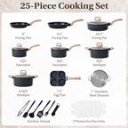 Sweetcrispy Pots and Pans Set, 25 Pcs Nonstick Cookware Set, Induction Kitchen Cooking Set, Non-Toxic Frying Pans & Saucepans (PFOA/PFOS Free) Black
